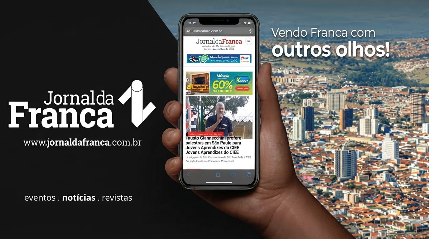 Vista aérea de Franca e o Jornal da Franca no celular. Vendo Franca com outros olhos.