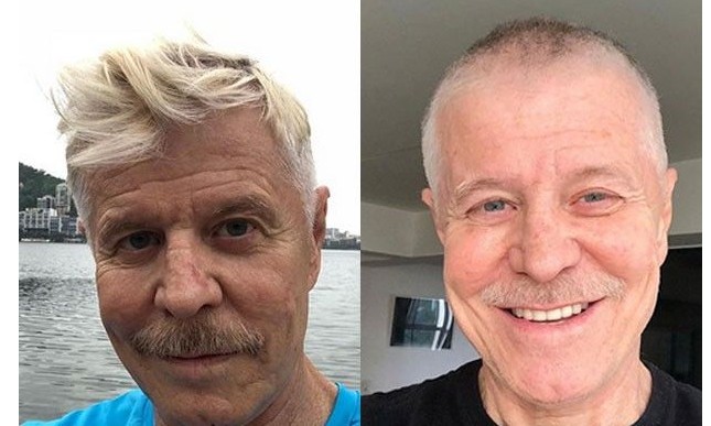 Aos 61 anos de idade, ator Miguel Falabella radicaliza visual e raspa a cabeça