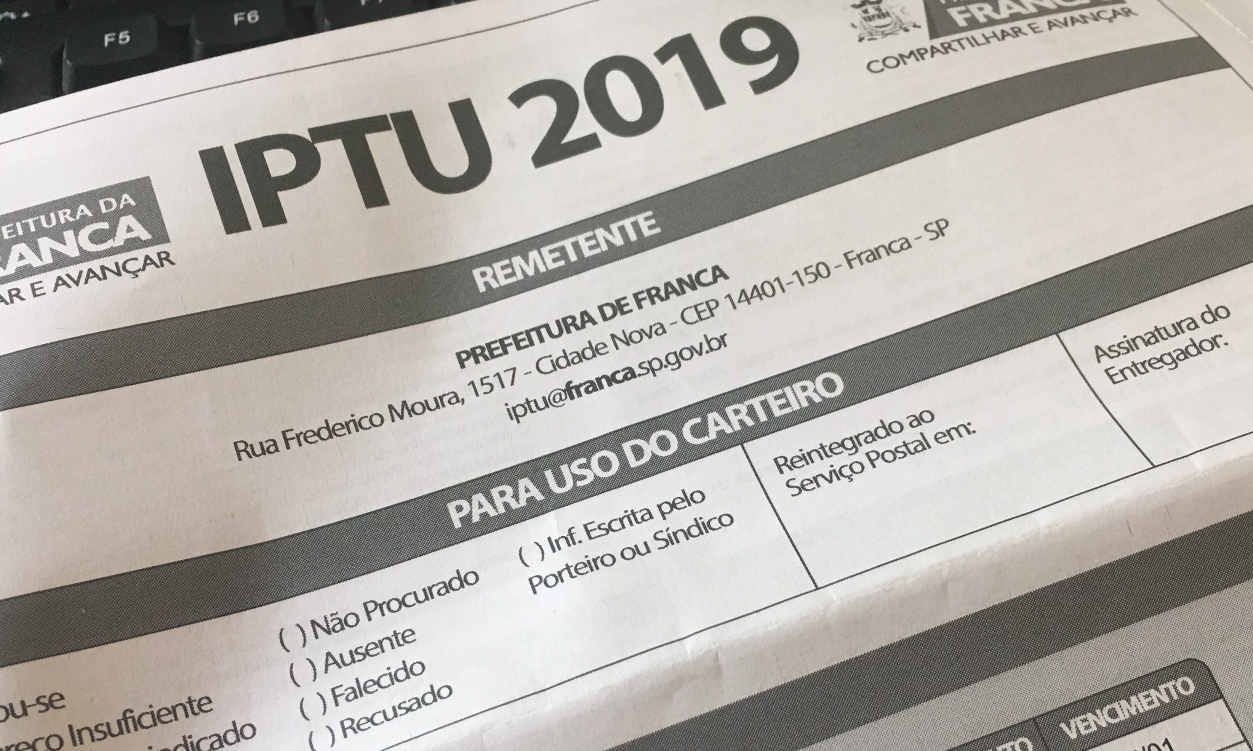 Pagamento com desconto de 5% do IPTU 2019 segue até dia 15/02 em Franca