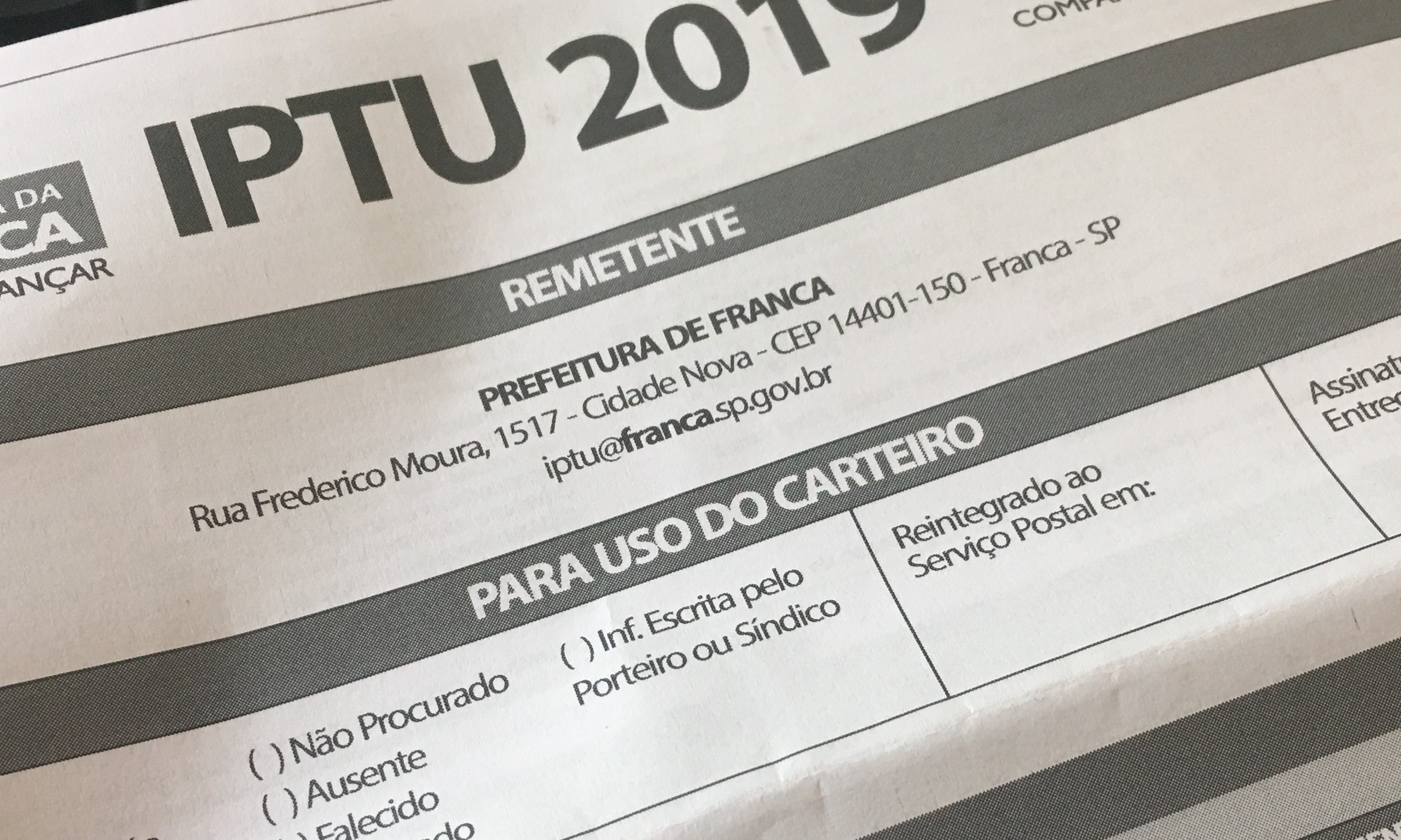Pagamento do IPTU 2019 com desconto de 5% vai até dia 15 deste mês em Franca