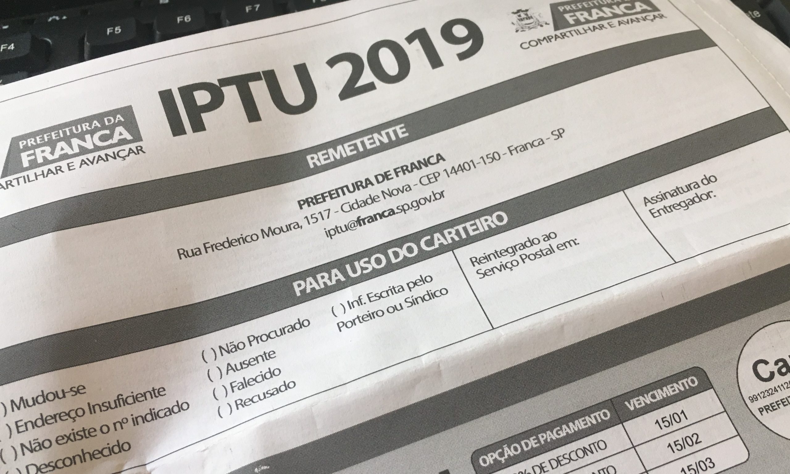 Pagamento com 5% de desconto do IPTU 2019 em Franca segue até sexta, 15