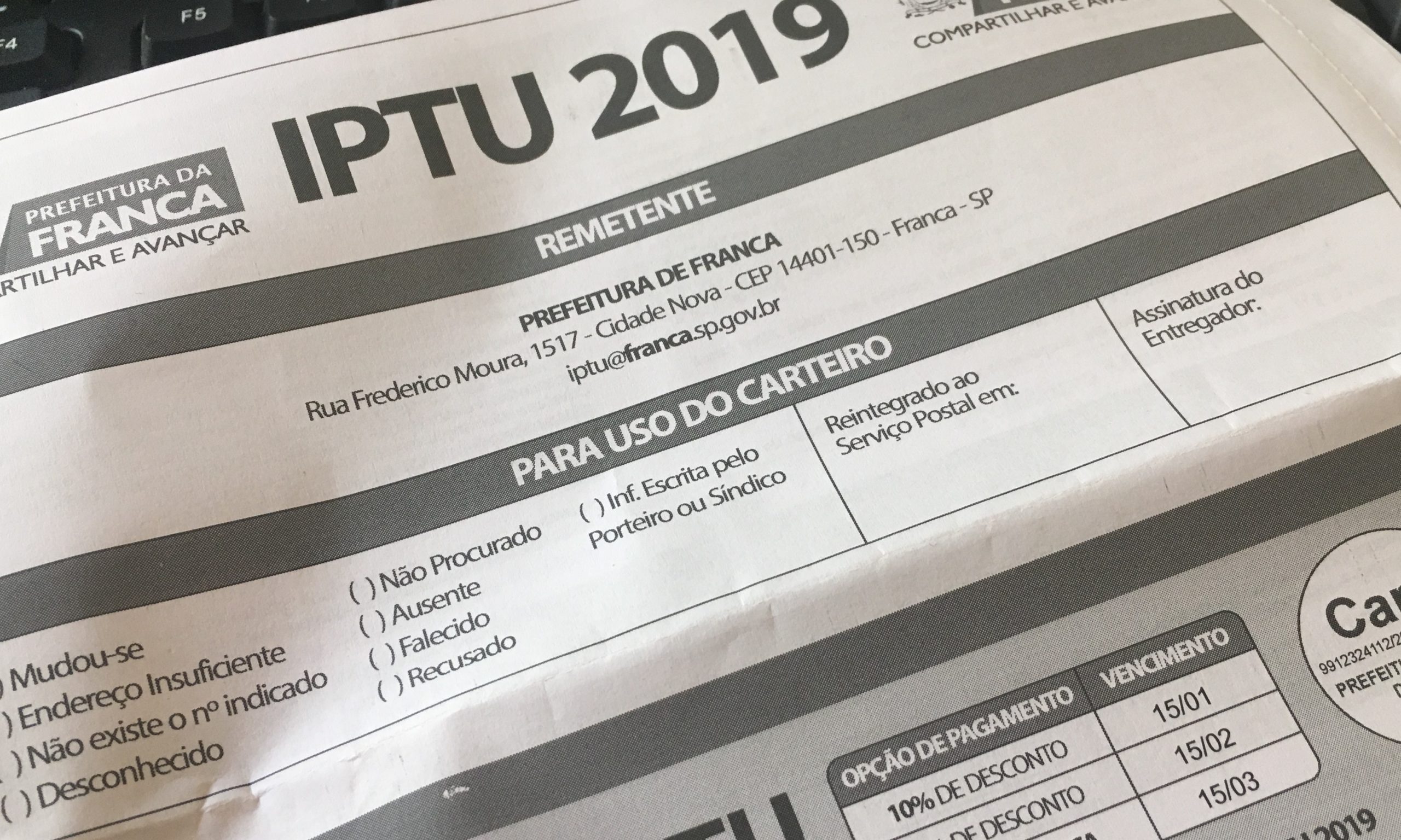Pagamento do IPTU em parcela única termina nesta sexta-feira, 15, em Franca