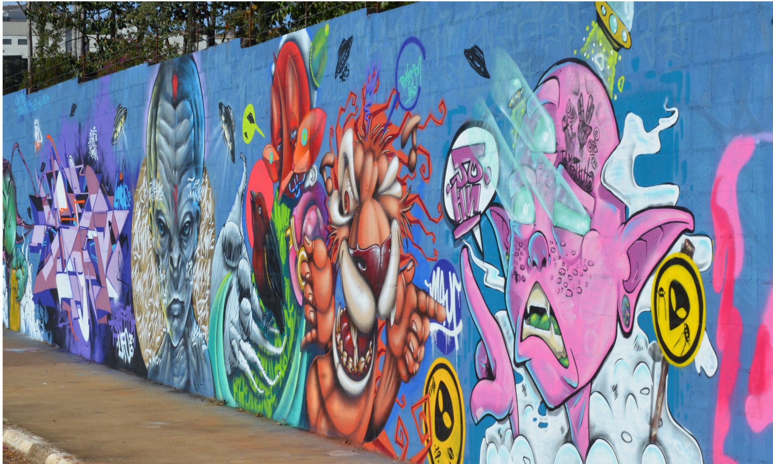 Grupo de grafiteiros encanta ao levar arte a muro de antigo curtume em Franca