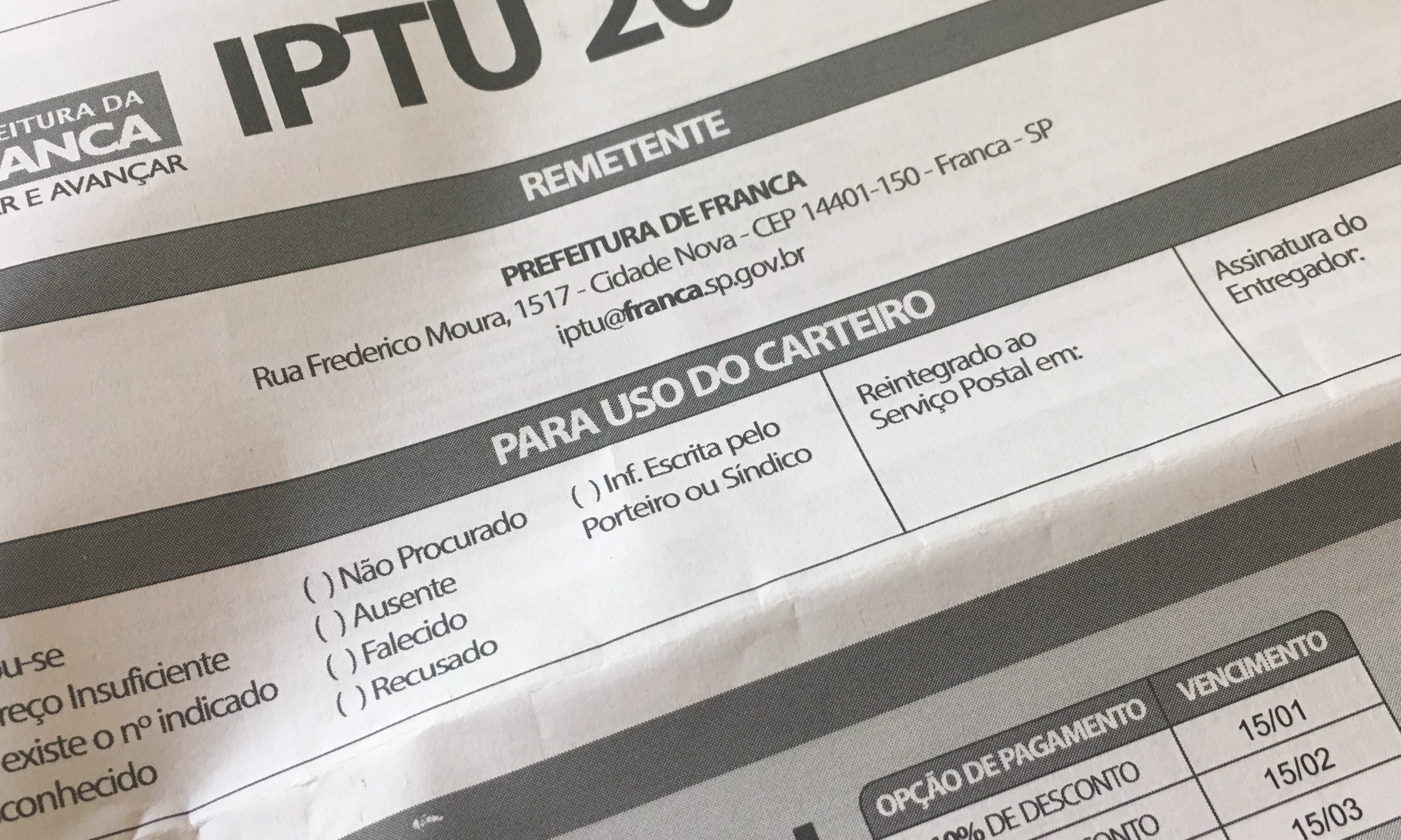 Se prepare: carnê do IPTU
está nos Correios e chega nos endereços no dia 02