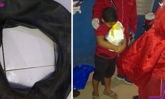 Menino ganha câmara de ar remendada,chora muito, mas tem apoio da internet
