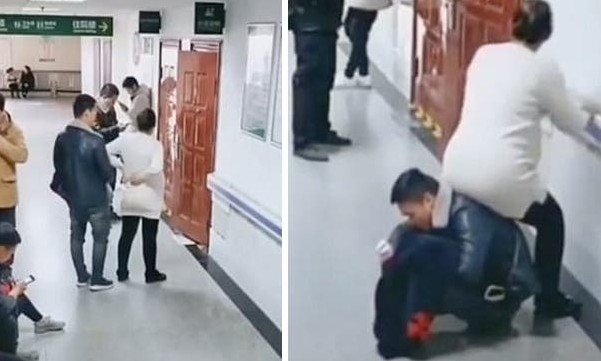 Marido se faz de cadeira para acomodar esposa grávida em hospital. Veja