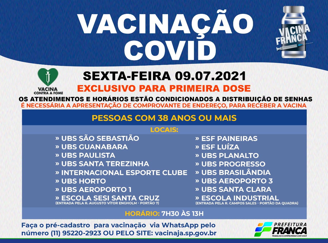 Franca terá mutirão contra covid-19 nesta sexta, 09, para pessoas acima de 38 anos