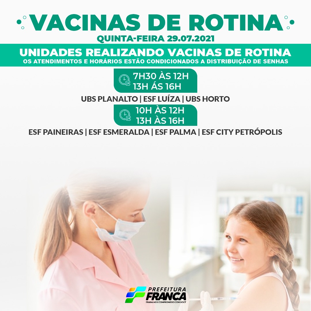 Em Franca, vacinas de rotina são aplicadas nesta 5ª feira com distribuição de senhas