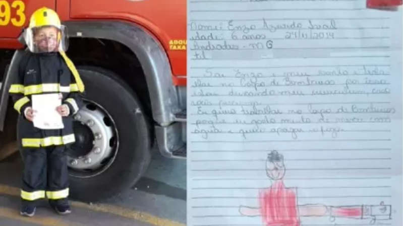 Menino de seis anos monta currículo para ser contratado pelo Corpo de Bombeiros