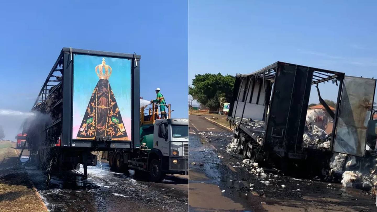 Carreta pega fogo, mas painel com imagem de Nossa Senhora Aparecida resiste