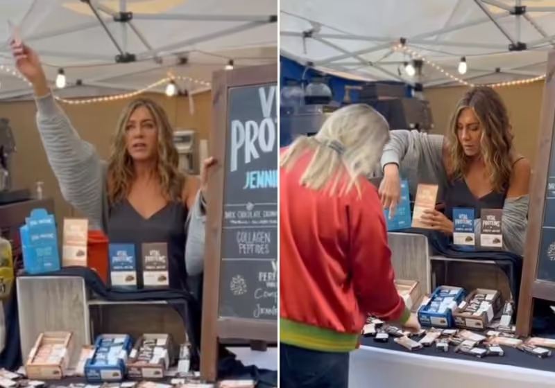 Jennifer Aniston é elogiada por humildade ao vender seus produtos em barraca de rua