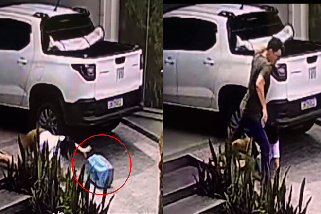 Esposa carregando caixa com gato cai e o marido socorre primeiro o gato