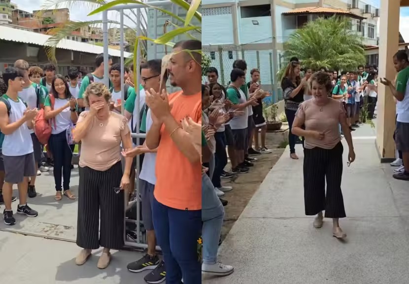 Alunos fazem corredor de aplausos para professora querida que se aposentou