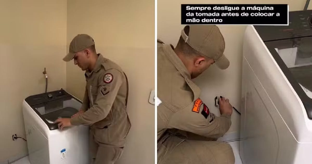 Bombeiro alerta sobre riscos de colocar as mãos na máquina de lavar ligada à energia