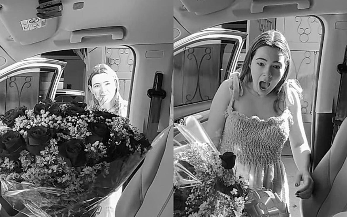 Namorada abre porta do carro e vê flores junto com seu sonho: um filhote de golden