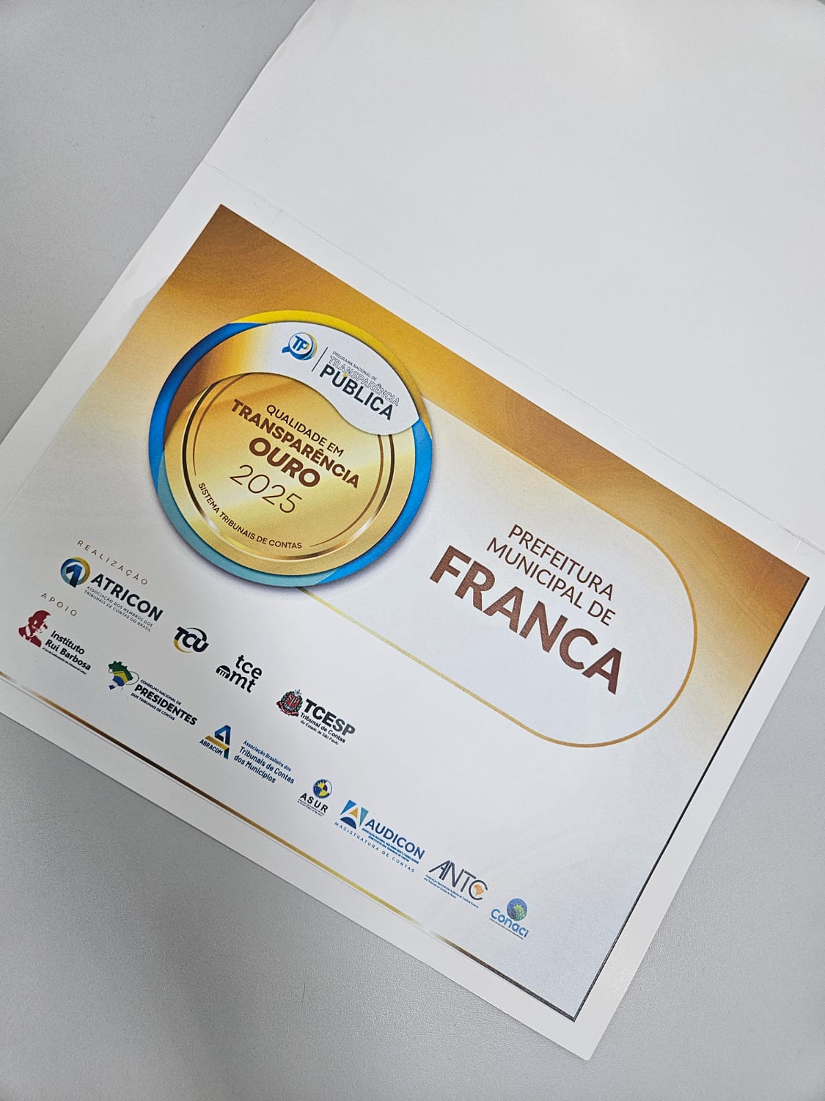 Franca conquista Selo Ouro de Transparência Pública do Tribunal de Contas de SP