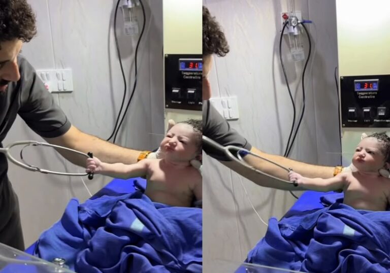 Bebê segura estetoscópio do médico com força logo após nascer e vídeo agita a web