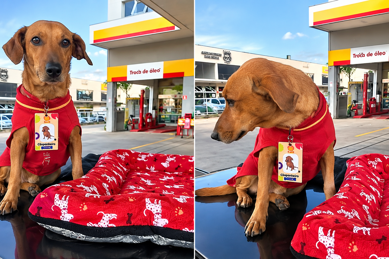 Cão Caramelo adotado por posto de combustíveis ganha crachá e é mimado por clientes